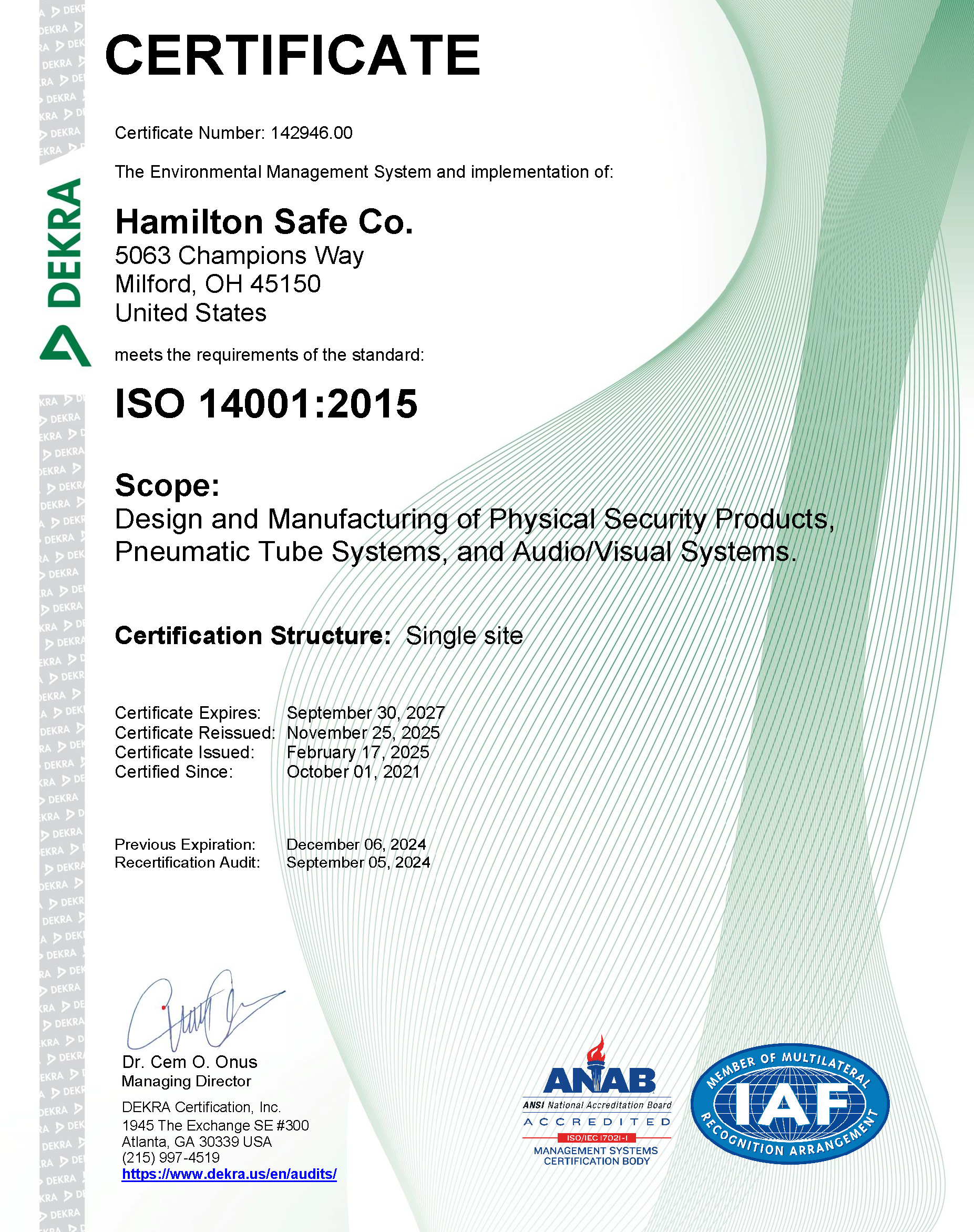 ISO 14001:2015 Certificate