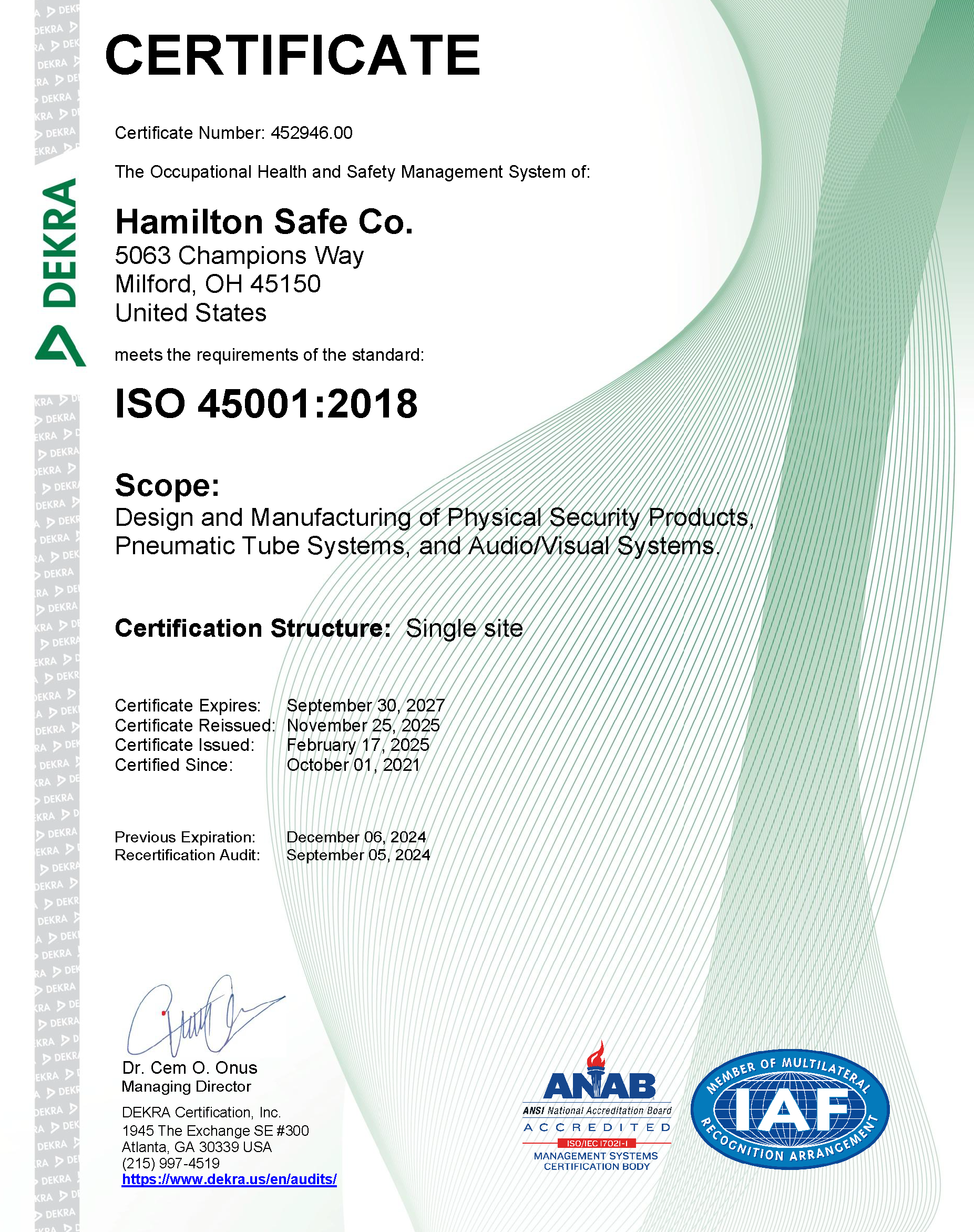 ISO 45001:2018 Certificate